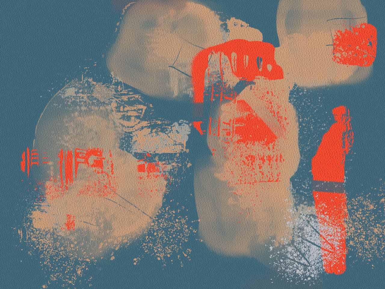 Dynamic abstract art with vivid orange and blue hues on a textured background, creating a bold visual impact.